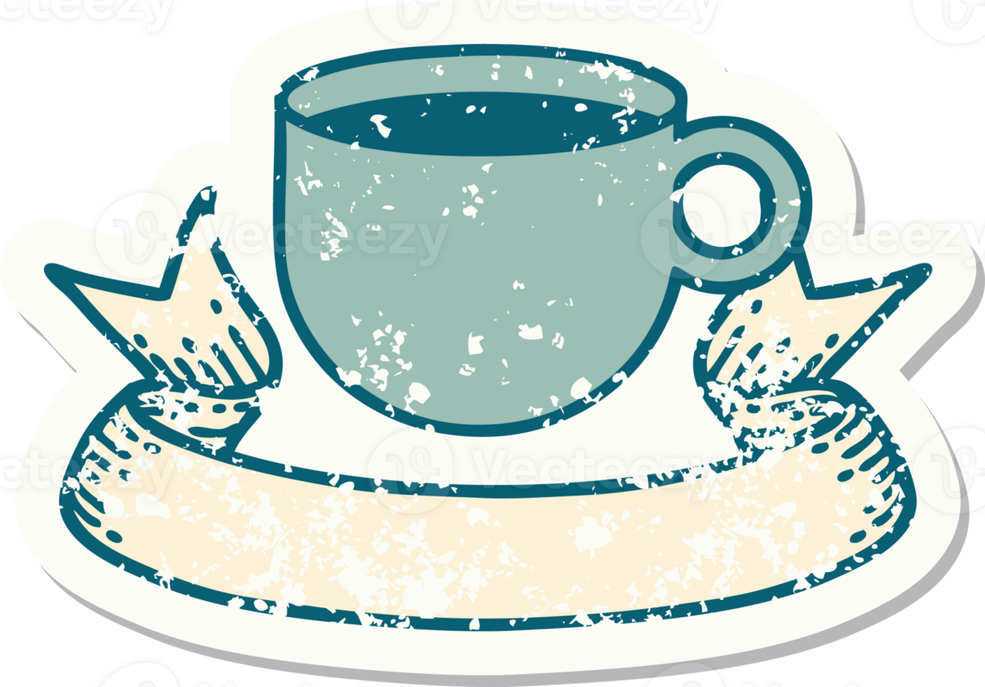 worn old sticker with banner of cup of coffee png