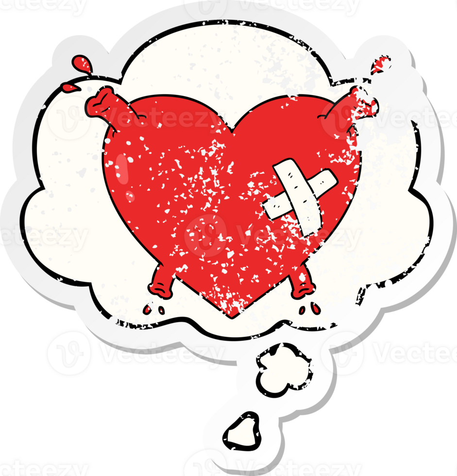 cartoon heart squirting blood with thought bubble as a distressed worn sticker png