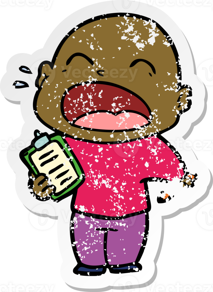 distressed sticker of a cartoon shouting bald man png