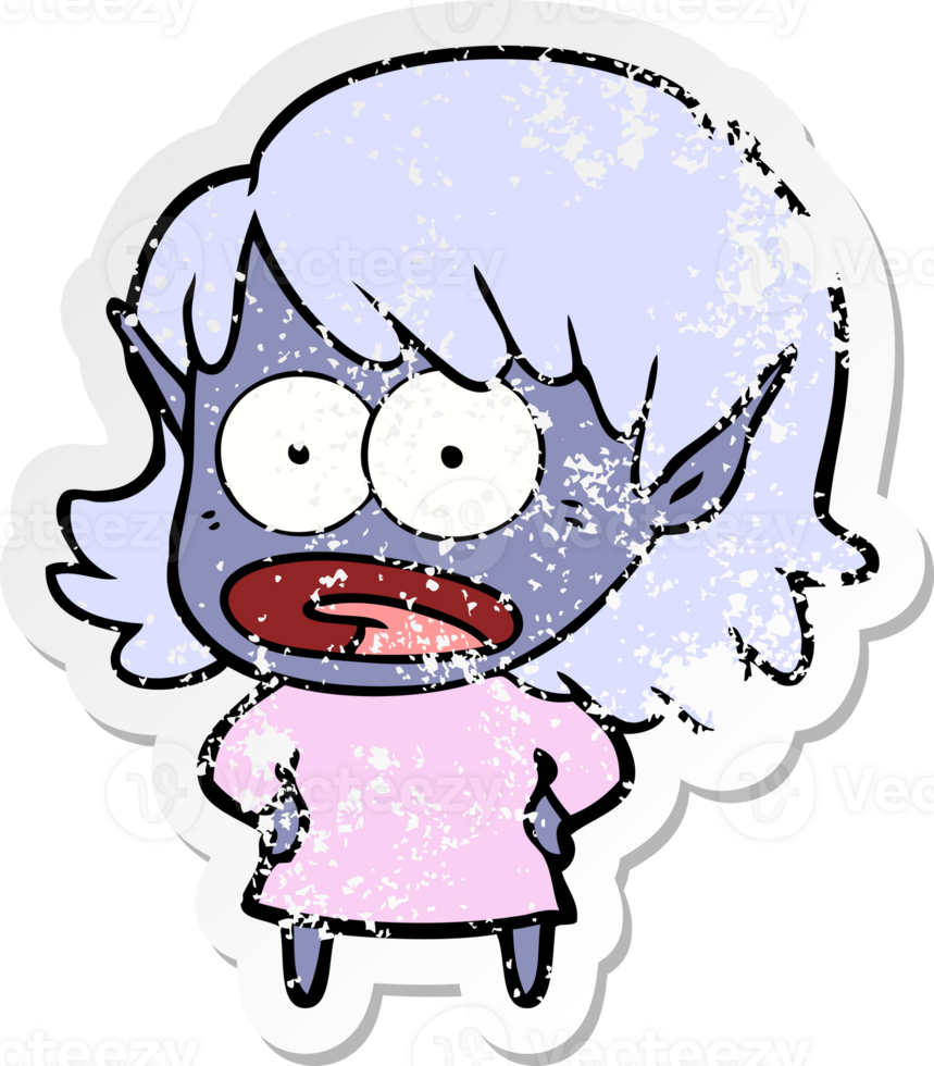 distressed sticker of a cartoon shocked elf girl png