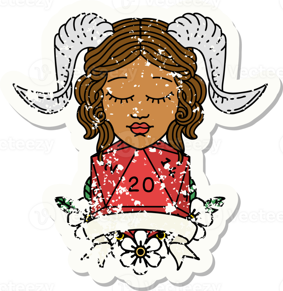 Retro Tattoo Style tiefling with natural twenty dice roll png