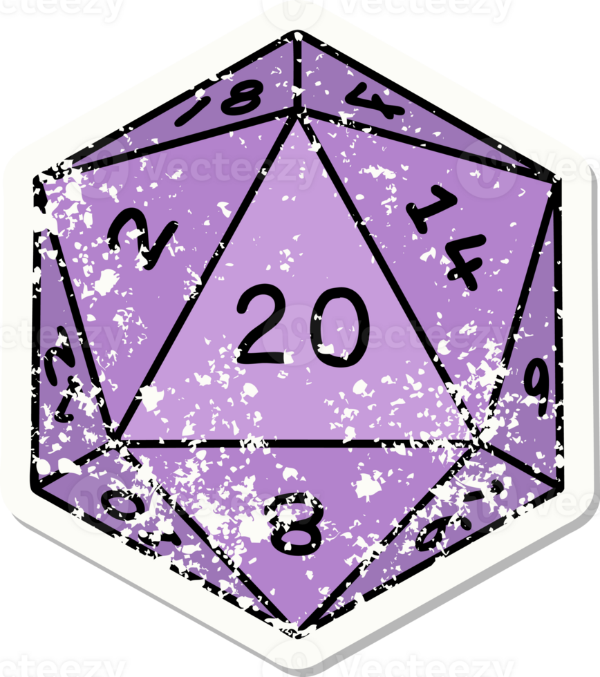 grunge sticker of a natural 20 D20 dice roll png