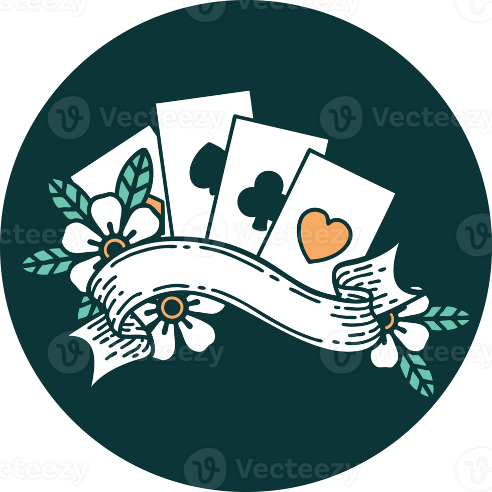iconic tattoo style image of cards and banner png