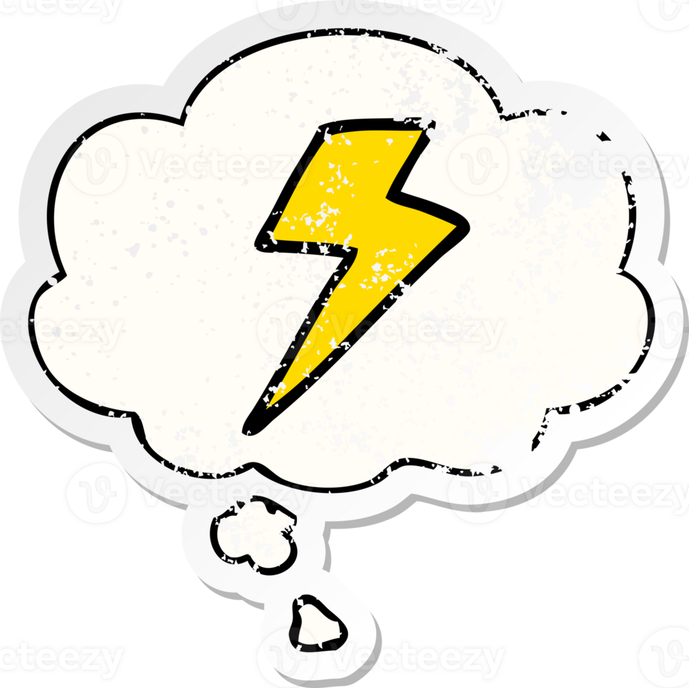 cartoon lightning bolt with thought bubble as a distressed worn sticker png