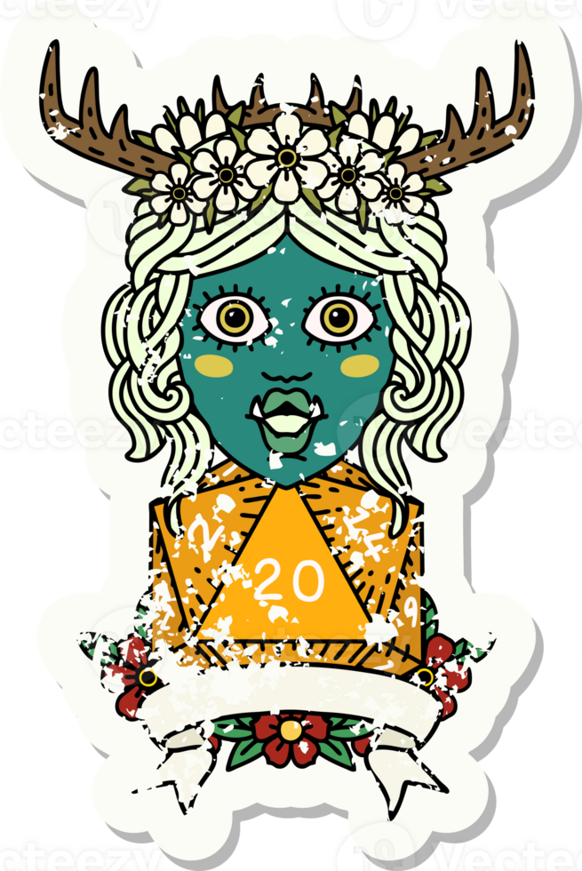 Retro Tattoo Style orc druid character with natural twenty dice roll png