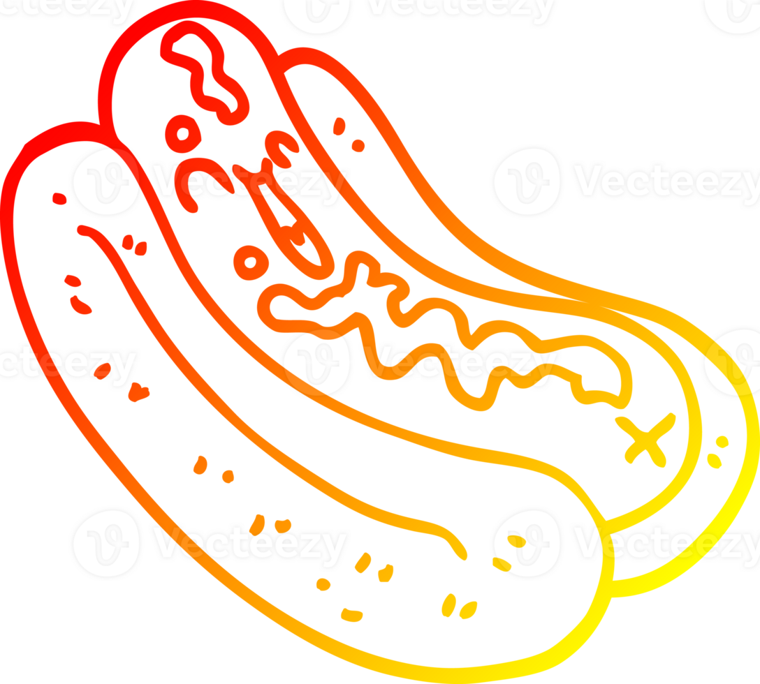 warm gradient line drawing of a cartoon hotdog in bun with ketchup png