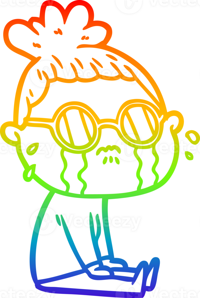 rainbow gradient line drawing of a cartoon crying woman wearing spectacles png