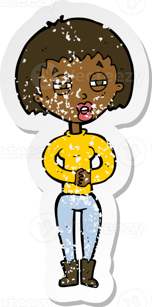 retro distressed sticker of a cartoon tired woman png