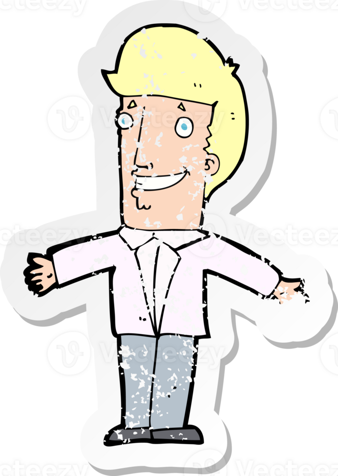 retro distressed sticker of a cartoon grining man with open arms png
