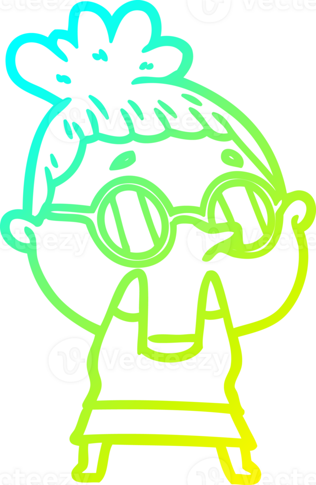 cold gradient line drawing of a cartoon woman wearing glasses png
