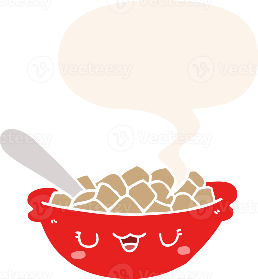 cute cartoon bowl of cereal with speech bubble in retro style png