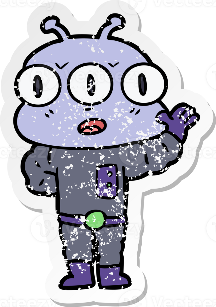 distressed sticker of a cartoon three eyed alien png