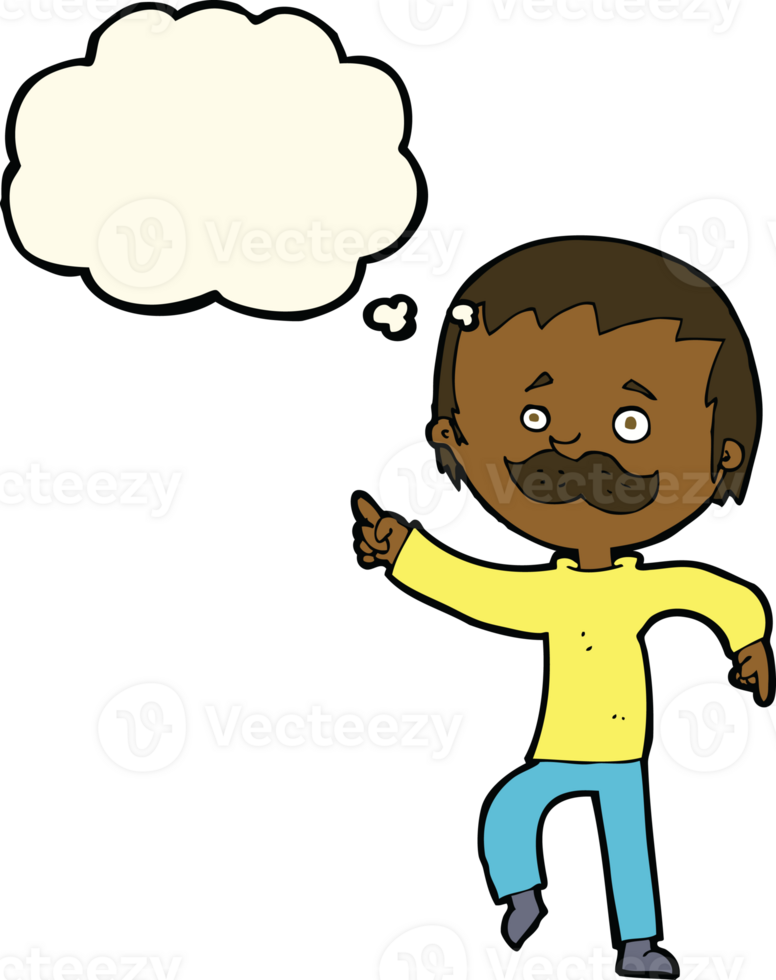 cartoon man with mustache pointing with thought bubble png
