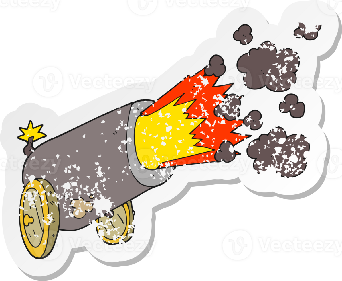 retro distressed sticker of a cartoon big cannon firing png