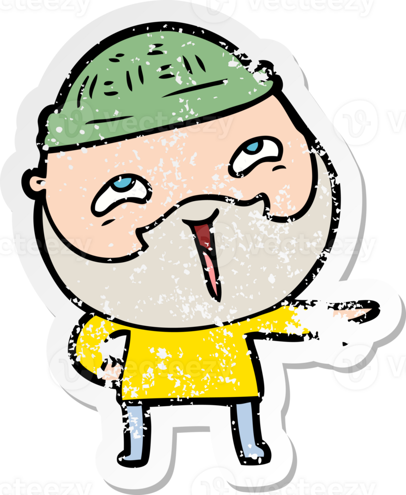 distressed sticker of a cartoon happy bearded man png