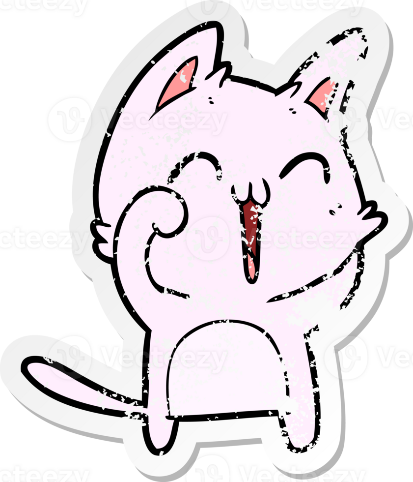 distressed sticker of a happy cartoon cat meowing png