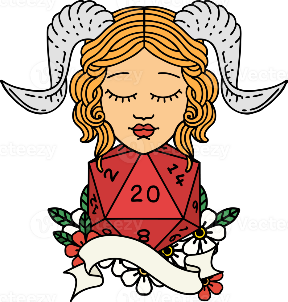 Retro Tattoo Style tiefling with natural twenty dice roll png