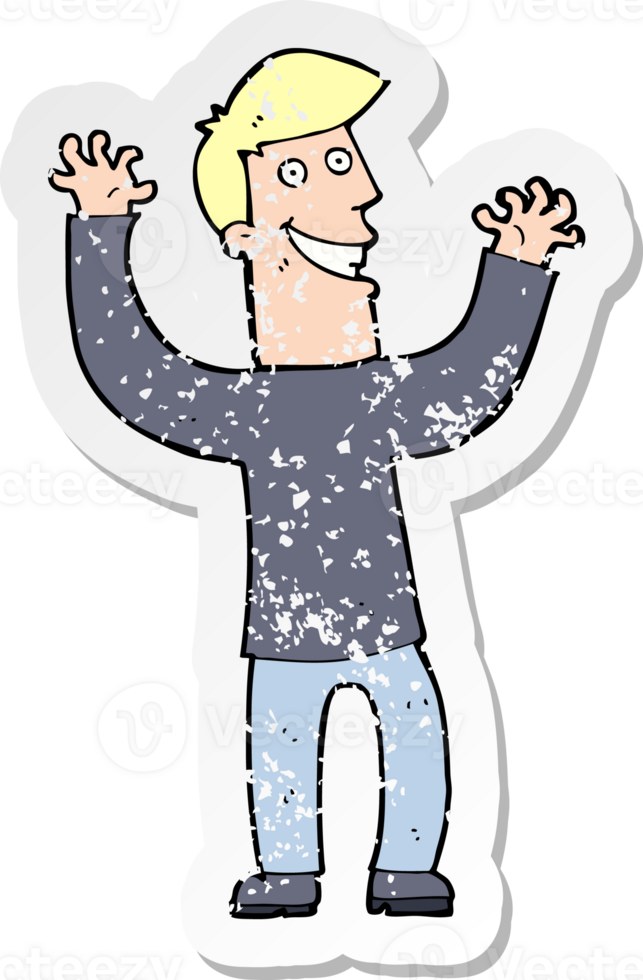 retro distressed sticker of a cartoon excited man png