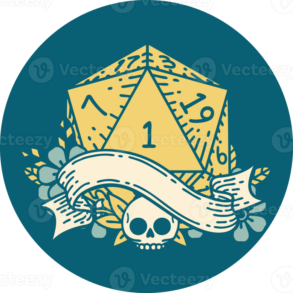 Retro Tattoo Style natural one d20 dice roll png
