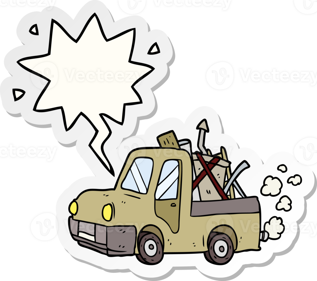 cartoon old truck full of junk with speech bubble sticker png