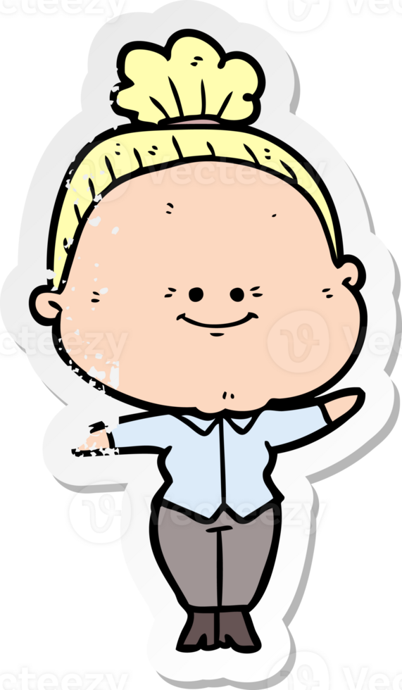 distressed sticker of a cartoon happy old woman png