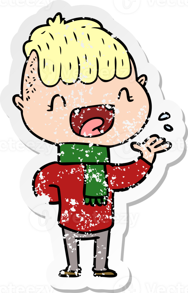 distressed sticker of a cartoon happy boy laughing png