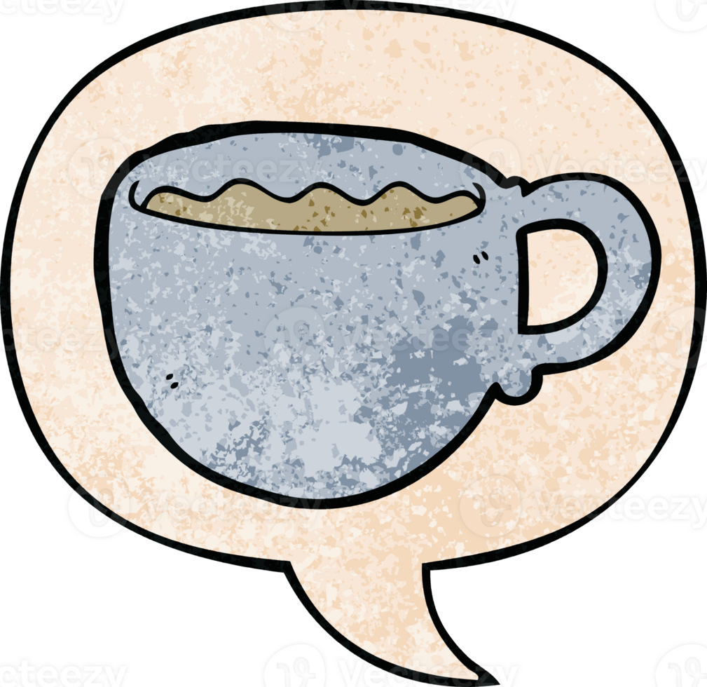 cartoon coffee cup with speech bubble in retro texture style png
