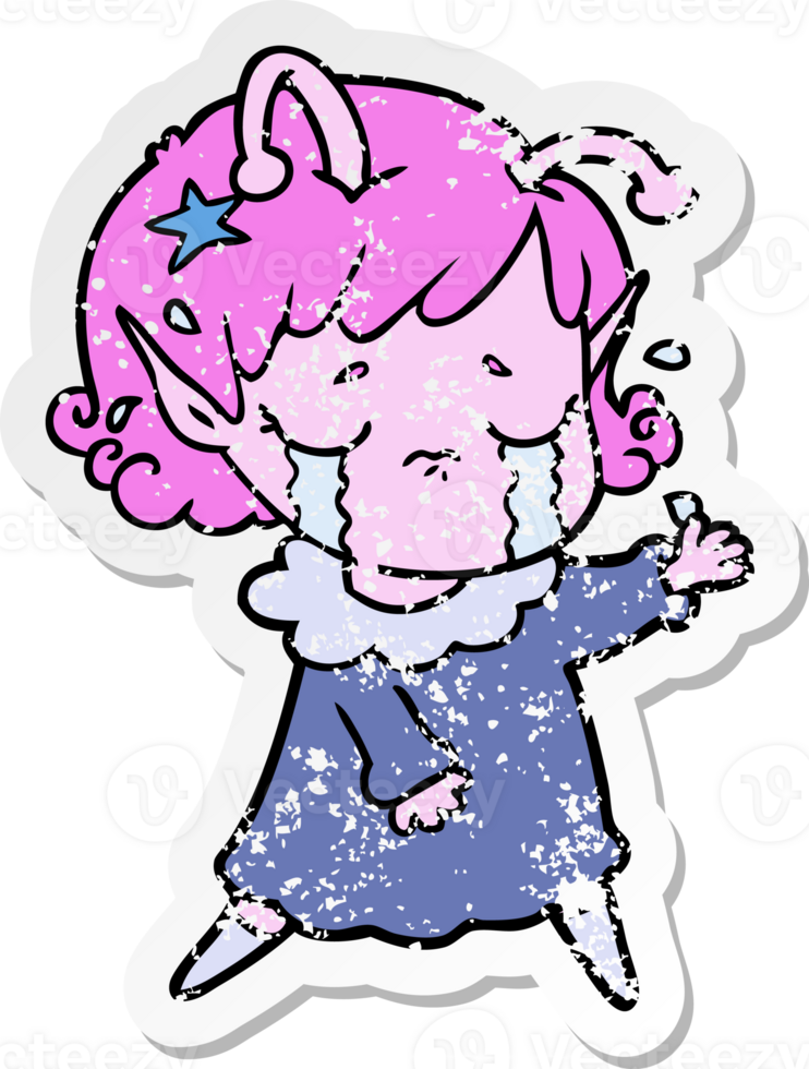 distressed sticker of a cartoon crying alien girl png