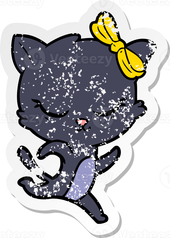 distressed sticker of a cute cartoon cat with bow running png
