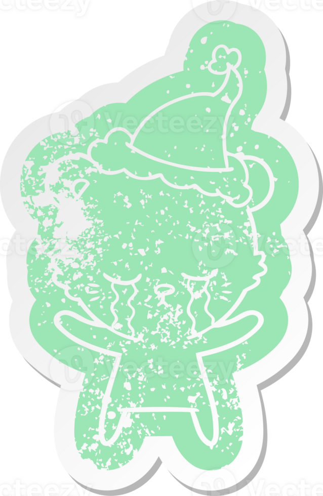 crying quirky cartoon distressed sticker of a polarbear wearing santa hat png