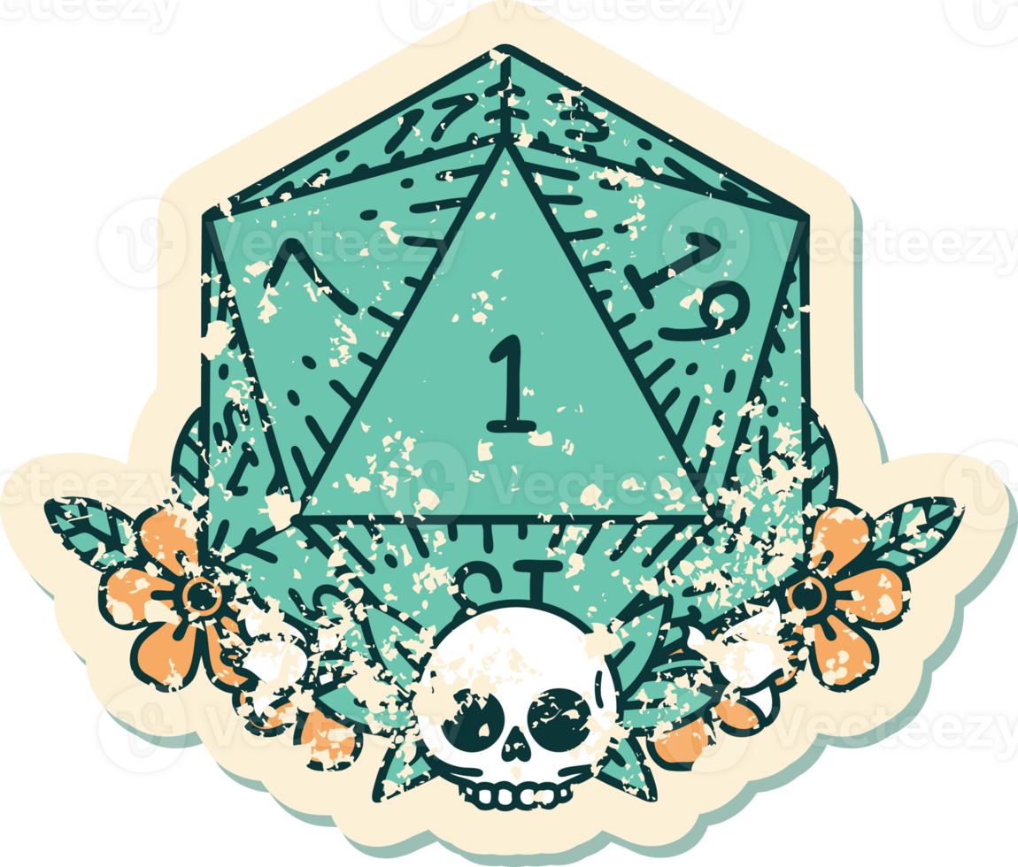 Retro Tattoo Style natural one dice roll with floral elements png