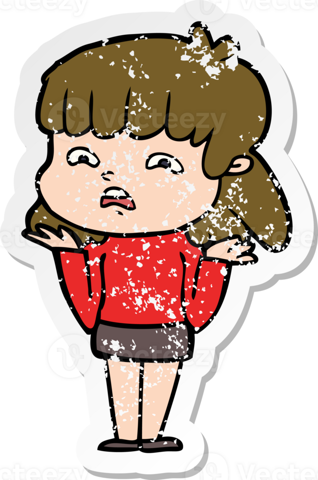 distressed sticker of a cartoon worried woman png
