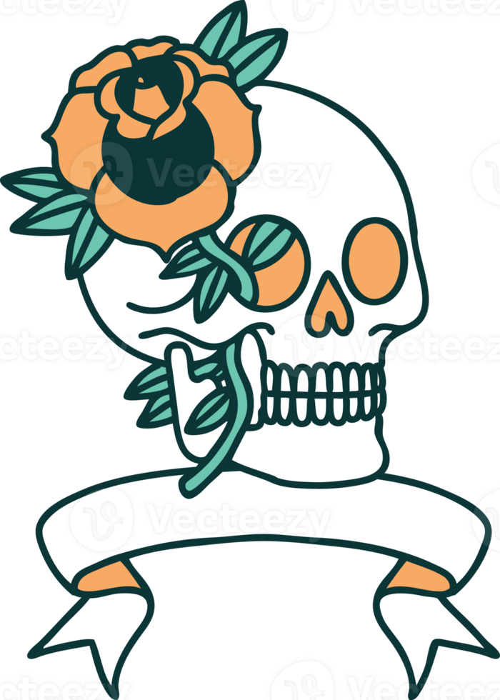 traditional tattoo with banner of a skull and rose png