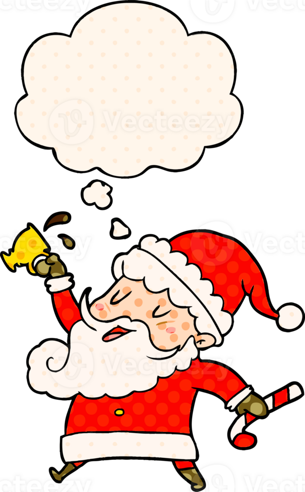 cartoon santa claus with hot cocoa with thought bubble in comic book style png
