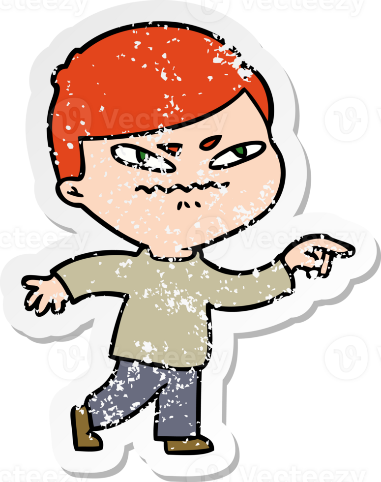 distressed sticker of a cartoon angry man pointing png