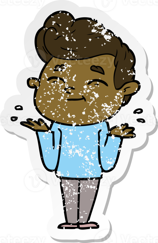 distressed sticker of a happy cartoon man shrugging png