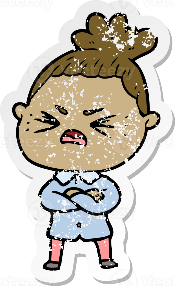 distressed sticker of a cartoon angry woman png