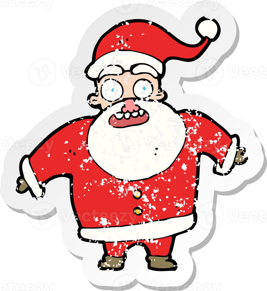 retro distressed sticker of a cartoon shocked santa claus png