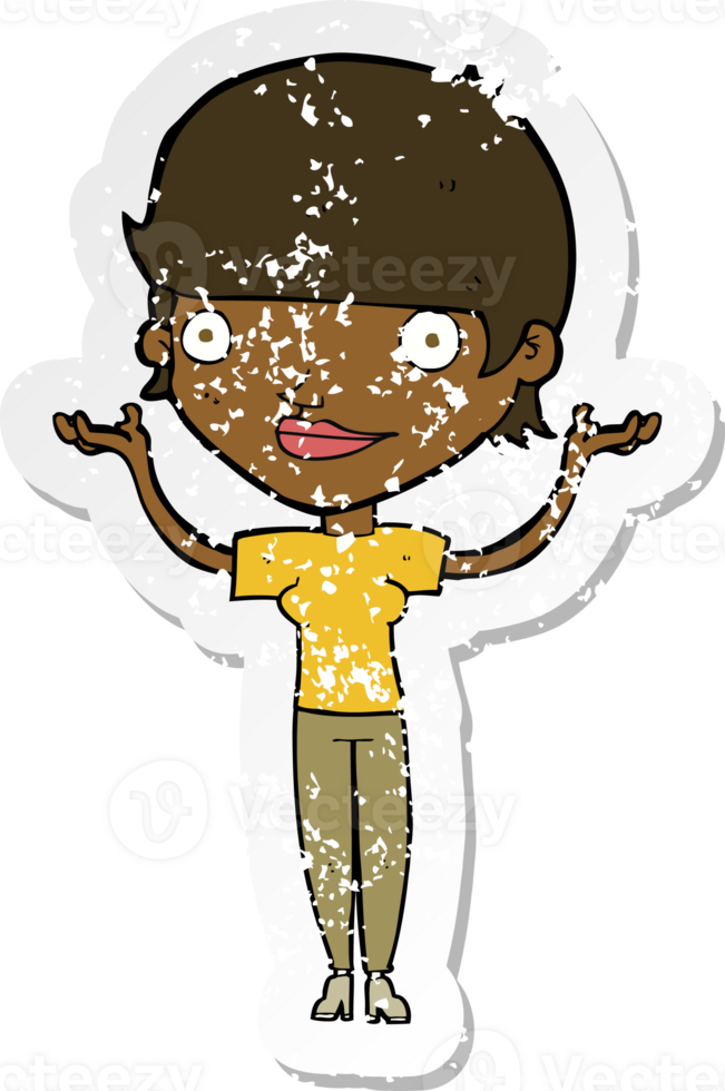 retro distressed sticker of a cartoon woman holding arms in air png