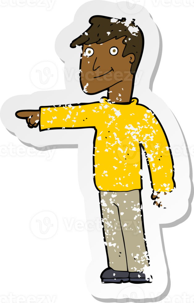 retro distressed sticker of a cartoon man pointing png