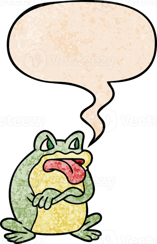 grumpy cartoon frog with speech bubble in retro texture style png