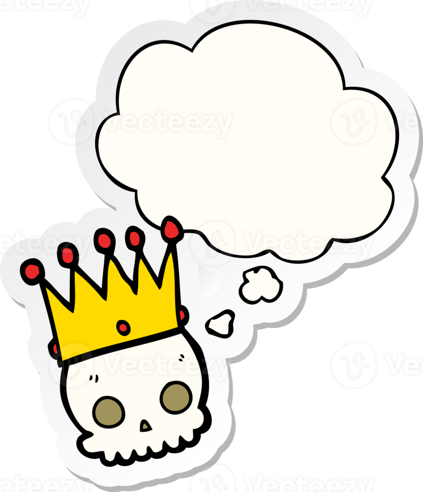 cartoon skull with crown with thought bubble as a printed sticker png