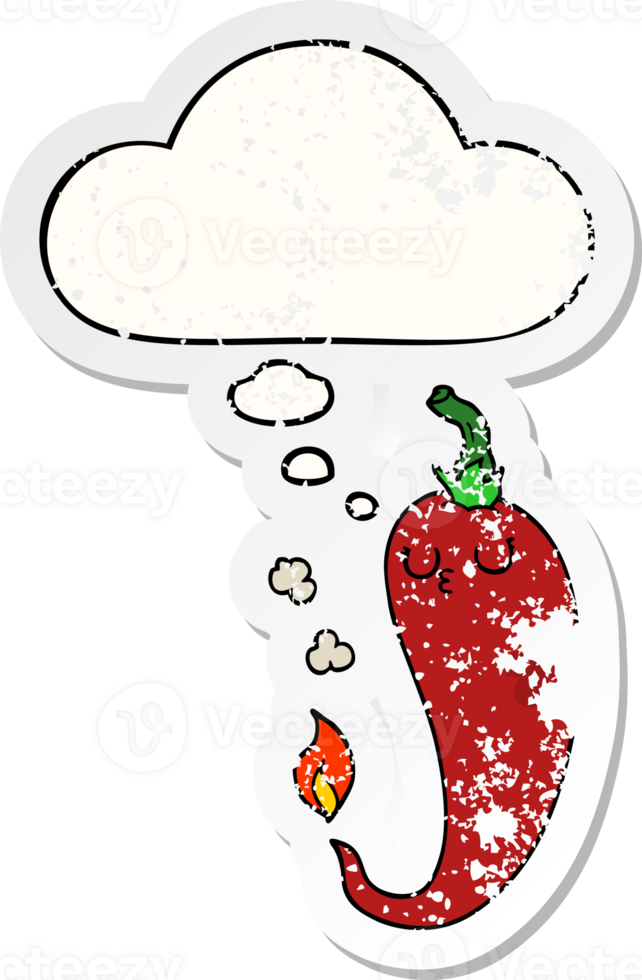cartoon hot chili pepper with thought bubble as a distressed worn sticker png