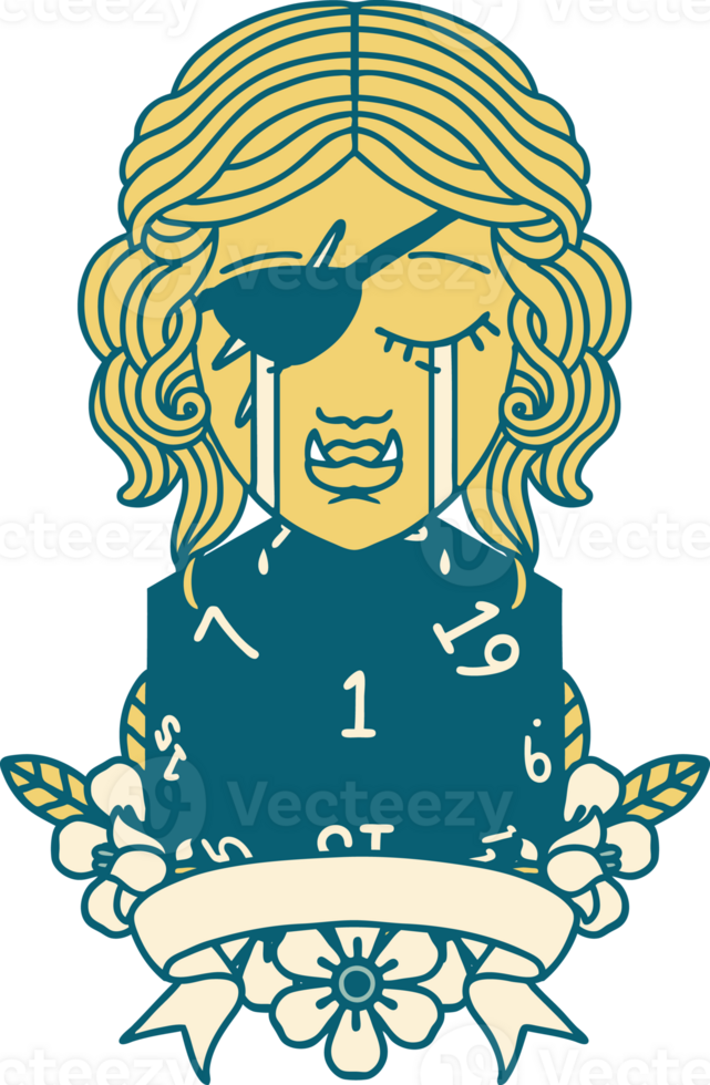 Retro Tattoo Style crying orc rogue character with natural one roll png