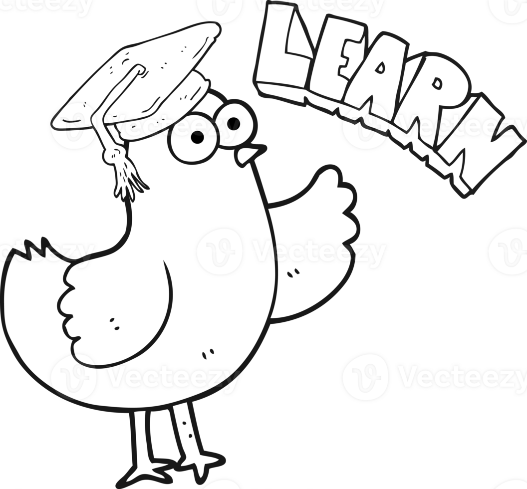 drawn black and white cartoon bird with learn text png