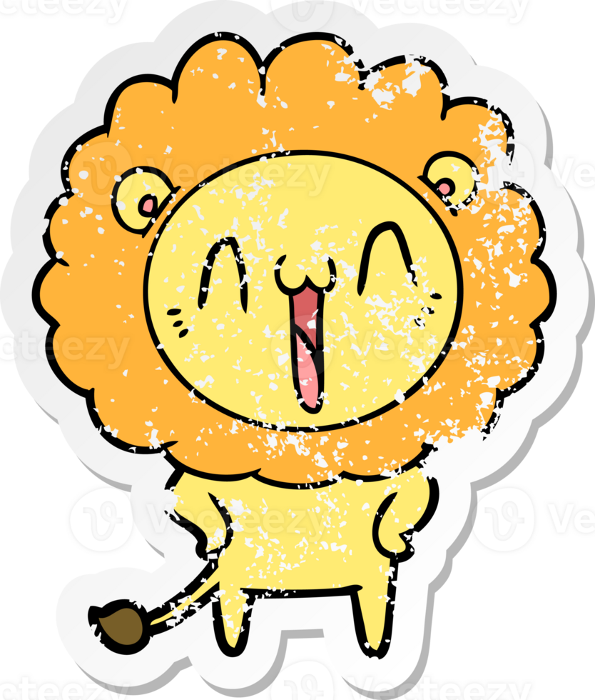 distressed sticker of a happy cartoon lion png