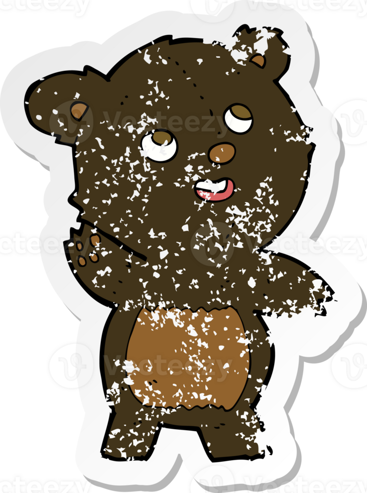 retro distressed sticker of a cartoon cute waving black bear teddy png