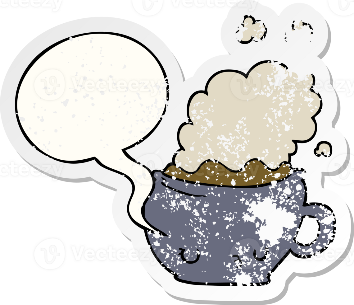 cute cartoon coffee cup with speech bubble distressed distressed old sticker png