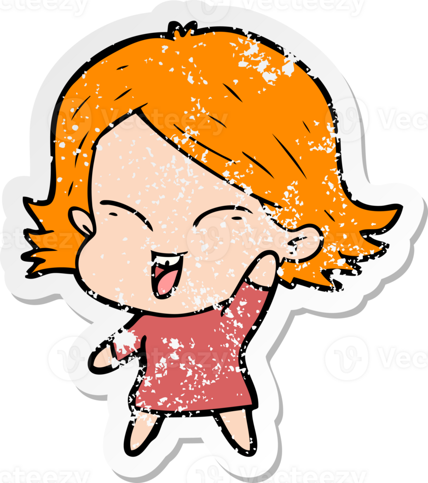 distressed sticker of a happy cartoon girl png