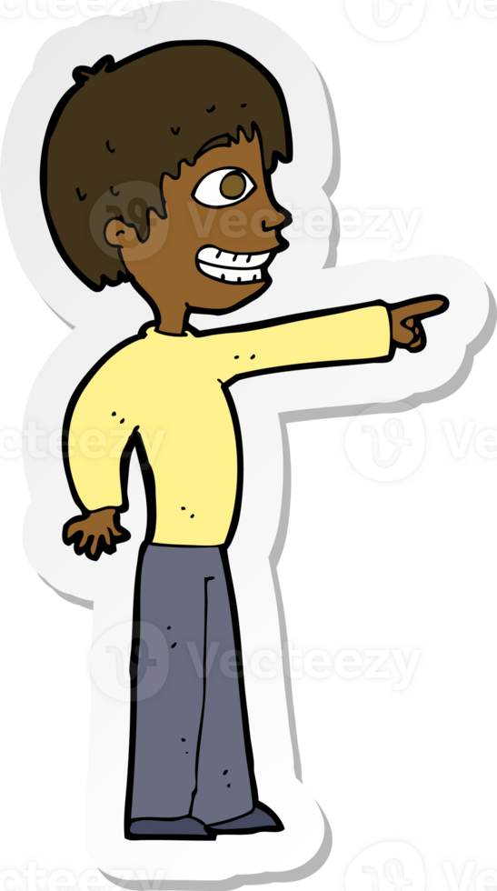 sticker of a cartoon grinning boy pointing png